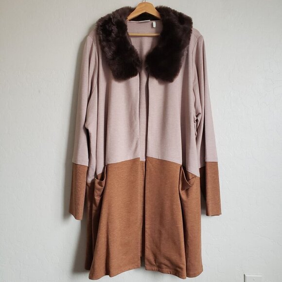 LOGO Lori Goldstein Faux Fur Collar Longline Cardigan Sweater Brown/Tan Size 3X - Picture 1 of 11